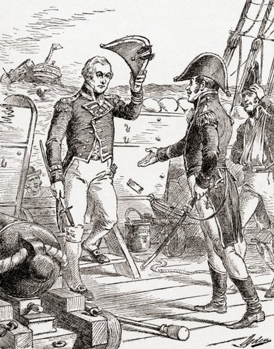 kapitein Dacres van de HMS Guerriere geeft zich over en biedt zijn zwaard aan kapitein Hull aan boord van de USS Constitution na zijn nederlaag tijdens de Oorlog van 1812, uit De Geschiedenis van Ons Land, gepubliceerd 1905 door Henry Alexander Ogden