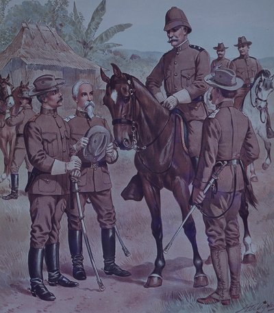 Spaans-Amerikaanse Oorlog 1898, Amerikaanse troepen, bereden Gen Lawton, Commandant Tweede Divisie, 5e Legerkorps, in Cuba door Henry Alexander Ogden