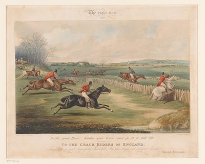 Jachtpaarden met ruiters springen over hekken door Henry Alken (I)