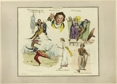 Plaat van illustraties tot populaire liedjes door Henry Alken
