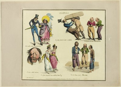 Plaat van illustraties tot populaire liedjes door Henry Alken