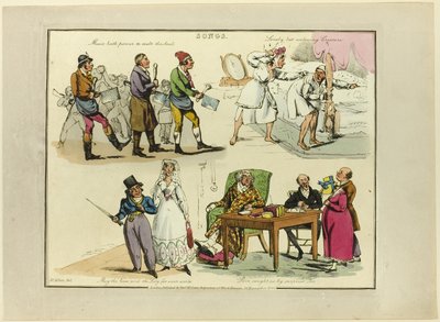 Plaat van illustraties tot populaire liedjes door Henry Alken
