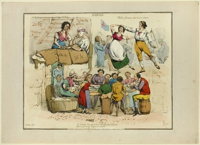 Plaat van illustraties tot populaire liedjes door Henry Alken