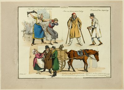 Plaat van illustraties tot populaire liedjes door Henry Alken