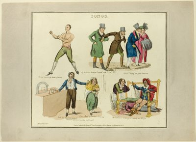 Plaat van illustraties tot populaire liedjes door Henry Alken