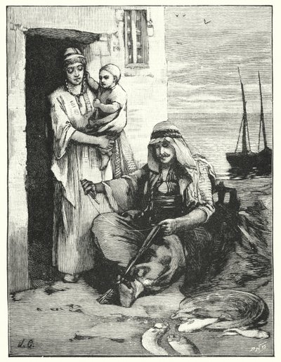 Een visser die zijn netten repareert, Zee van Tiberias door Henry Andrew Harper