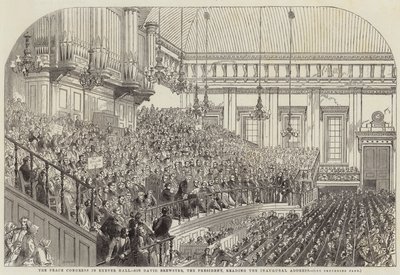 Het vredescongres in Exeter Hall, Sir David Brewster, de president, leest de inaugurele rede door Henry Anelay