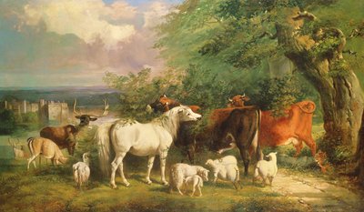 Haddon Hall met Schapen, Vee, een Hert en een Pony door Henry Barraud