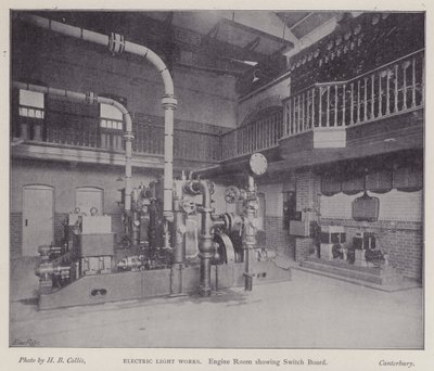 Machinekamer met schakelbord, Electric Light Works, Canterbury, Kent (zw/w foto) door Henry Beauchamp Collis