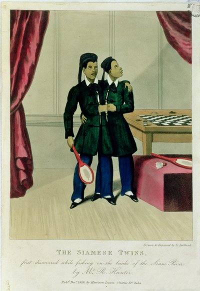 De Siamese Tweeling, voor het eerst ontdekt tijdens het vissen aan de oevers van de Siam-rivier door Mr R. Hunter, 1829 door Henry Berthoud