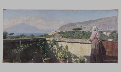 Vrouw op het terras van het Cocumella Hotel. Uitzicht op Vesuvius door Henry Brokman Knudsen