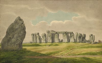 Stonehenge vanuit het N.O., toont ruïnes en hielsteen met kar, paard, persoon, 1824-1839 door Henry Browne