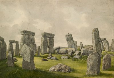 Het interieur van Stonehenge in zijn huidige staat, met interieur van stenen, man en hond door Henry Browne
