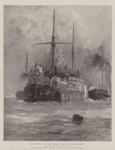 Na haar vuurproef, HMS Belleisle gesleept naar de haven van Portsmouth door Henry Charles Seppings Wright
