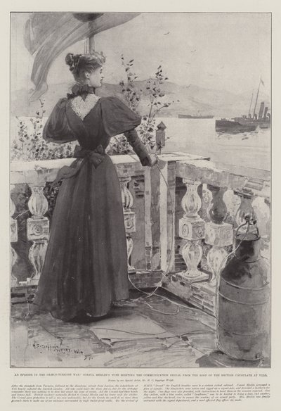 Een episode in de Grieks-Turkse oorlog, de vrouw van consul Merlin hijst het communicatiesignaal vanaf het dak van het Britse consulaat in Volo door Henry Charles Seppings Wright