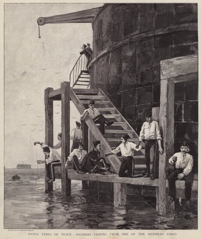 Britse soldaten vissen vanaf een van de forten bij Spithead, Hampshire door Henry Charles Seppings Wright
