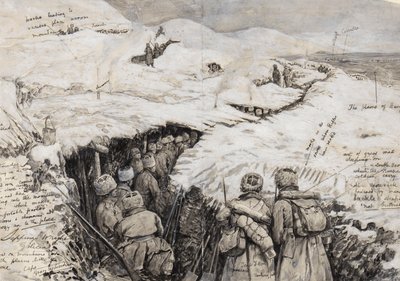 Galicië, Russische troepen in met sneeuw bedekte heuvels, 13 maart 1916 door Henry Charles Seppings Wright
