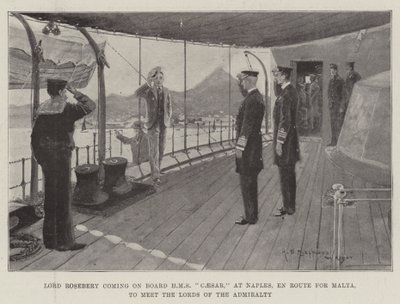 Lord Rosebery aan boord van HMS Caesar, in Napels, op weg naar Malta, om de Lords van de Admiraliteit te ontmoeten door Henry Charles Seppings Wright