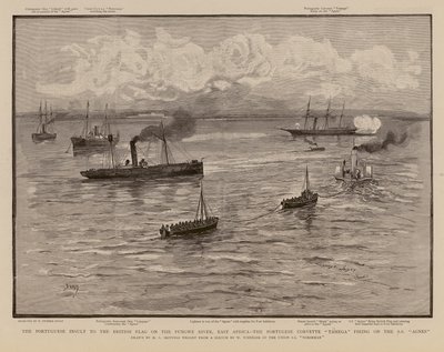 Portugese korvet Tamega vuurt op de SS Agnes, Pungwe Rivier, Oost-Afrika door Henry Charles Seppings Wright