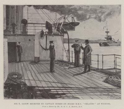 Sir E Satow ontvangen door Kapitein Burke aan boord van HMS Orlando in Wusung door Henry Charles Seppings Wright