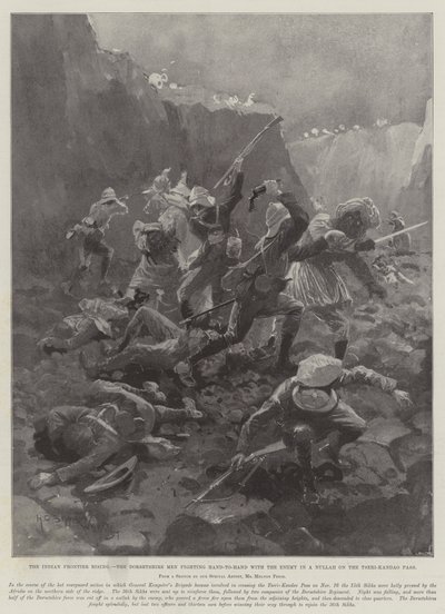 De opstand aan de Indiase grens, de mannen van Dorset vechten hand in hand met de vijand in een Nullah op de Tseri-Kandao-pas door Henry Charles Seppings Wright