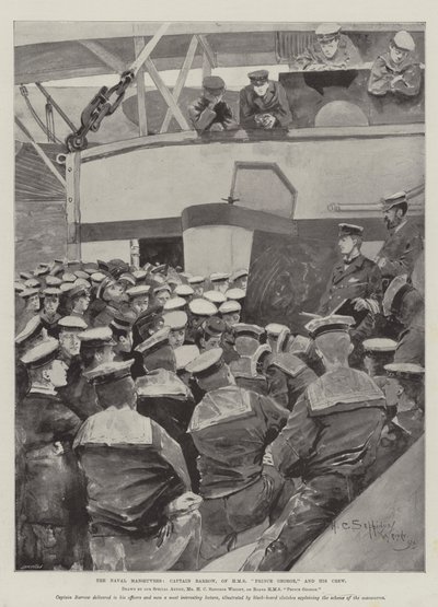De marine manoeuvres, kapitein Barrow, van HMS Prince George, en zijn bemanning door Henry Charles Seppings Wright
