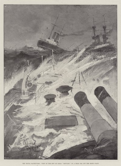 De Marine Manoeuvres, Uitzicht op de Boeg van HMS Repulse in een Kopzee voor de Ierse Kust door Henry Charles Seppings Wright