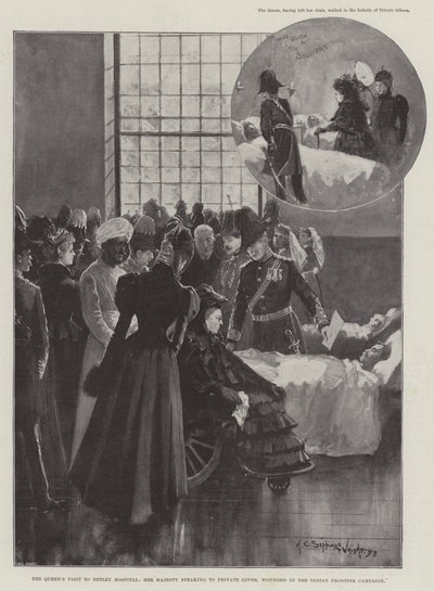 Het bezoek van de koningin aan Netley Hospital, Hare Majesteit spreekt met soldaat Lever, gewond in de Indiase Frontier-campagne door Henry Charles Seppings Wright