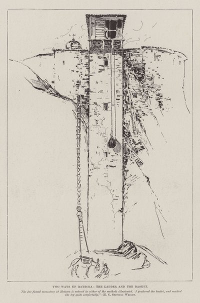 Twee manieren om Meteora te beklimmen, de ladder en de mand door Henry Charles Seppings Wright