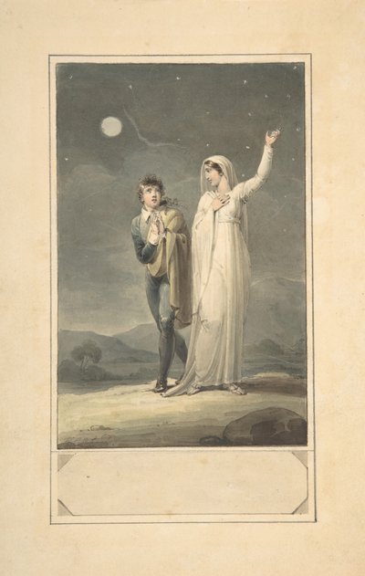 Nocturnaal Landschap met Twee Figuren, ontwerp voor een gegraveerde boekillustratie door Henry Corbould
