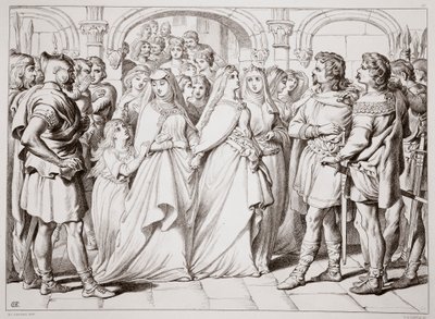 Alftruda herkent Hereward, illustratie uit Hereward the Great door Charles Kingsley, uitgegeven 1870, gegraveerd door C.G. Lewis door Henry Courtney Selous