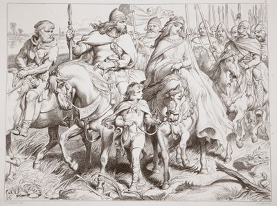Hereward beschermt Alftruda naar een veilige plaats, illustratie uit Hereward the Great door Charles Kingsley, gegraveerd door C.G. Lewis door Henry Courtney Selous