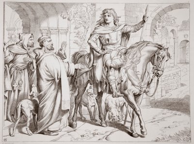 Hereward informeert zijn oom de Prior dat hij vogelvrij verklaard zal worden, illustratie uit Hereward de Grote door Charles Kingsley, uitgegeven 1870, gegraveerd door C.G. Lewis door Henry Courtney Selous
