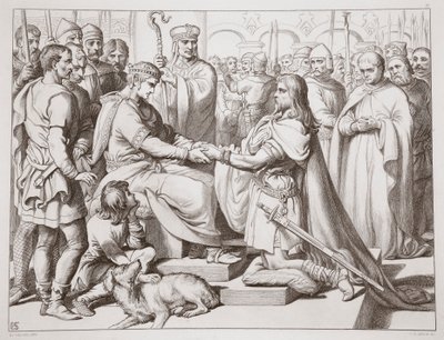 Hoe Hereward bij de koning kwam, illustratie uit Hereward the Great door Charles Kingsley, uitgegeven 1870, gegraveerd door C.G. Lewis door Henry Courtney Selous