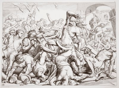 Hoe Hereward Bourne van Fransen zuiverde, illustratie uit Hereward the Great door Charles Kingsley, uitgegeven 1870 door Henry Courtney Selous