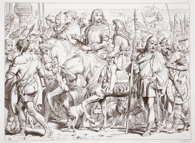Hoe Hereward de gewijde vesting van St. Bertin binnengaat, illustratie uit Hereward the Great door Charles Kingsley, uitgegeven 1870, gegraveerd door C.G. Lewis door Henry Courtney Selous