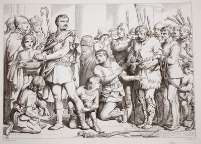 Hoe Hereward de pottenbakker speelde en de koning bedroog, illustratie uit Hereward the Great door Charles Kingsley, uitgegeven 1870, gegraveerd door C.G. Lewis door Henry Courtney Selous