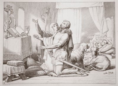 Hoe Torfrida Hereward leert bidden, illustratie uit Hereward the Great door Charles Kingsley, gegraveerd door C.G. Lewis door Henry Courtney Selous