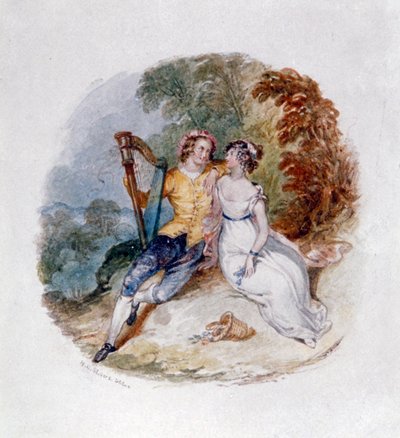 Twee geliefden op een bank met een harp door Henry Courtney Selous