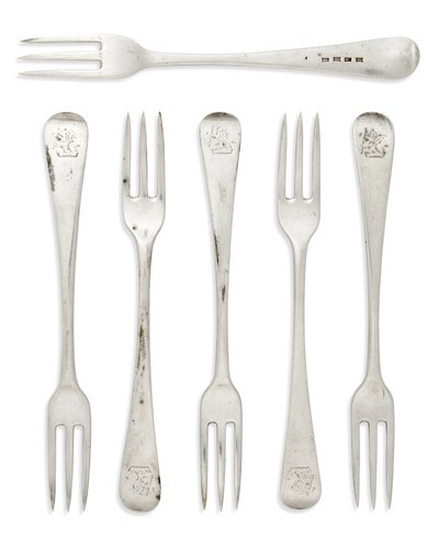 Set van George III koloniale Oud-Engelse patroon dessertvorken, Gibraltar, c.1790 (zilver) door Henry Cowper