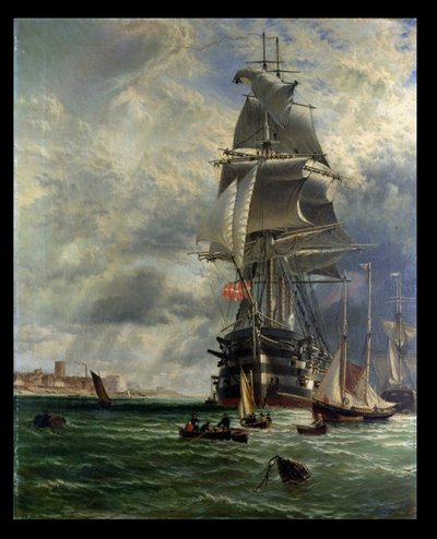 H.M.S. St. Vincent bij haar aanlegplaats bij de ingang van Haslar Creek, Portsmouth, 1868 door Henry Dawson