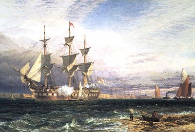 Sheerness, eiland Sheppey, wachtship saluerend door Henry Dawson