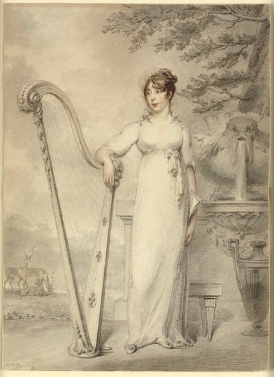Volledig portret van "Miss V. Dupuis" rustend met haar arm op een harp. Op de achtergrond een fontein en een landschap met herten door Henry Edridge