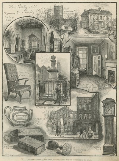 Persoonlijke gedenktekens en relikwieën van John Wesley voor de eeuwherdenking van zijn dood (gravure) door Henry Edward Tidmarsh