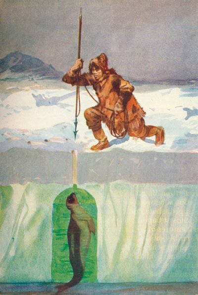 Eskimo op het punt een zeehond te spiesen door zijn ademgat, ca. 1927 door Henry Evison