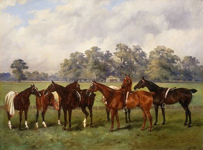 Een groep poloponies, Dainty, Gold, Redskin, Miss Edge en Piper, eigendom van Sir Humphrey de Trafford, Bart, 1895 door Henry Frederick Lucas Lucas