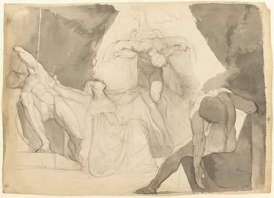 Met hulp van Eeriboia draagt Hermes de uitgeputte Ares weg van de slapende zonen van Aloeus (recto); Schets van een van de slapende zonen van Aloeus (verso) door Johann Heinrich Füssli