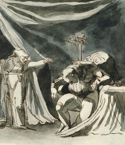 Een oude vrouw met een rozenkrans die een zittende man vervloekt; Mogelijk koningin Margaret die de hertog van Gloucester vervloekt door Johann Heinrich Füssli