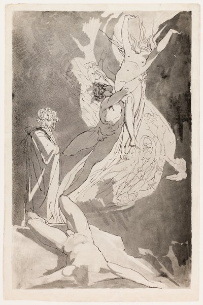 Dante valt flauw voor de stijgende zielen van Paolo en Francesca, Virgil aan zijn zijde door Johann Heinrich Füssli