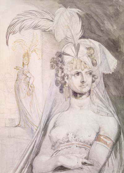 Halve Figuur van een Courtisane met Veren, een Strik en een Sluier in haar Haar door Johann Heinrich Füssli